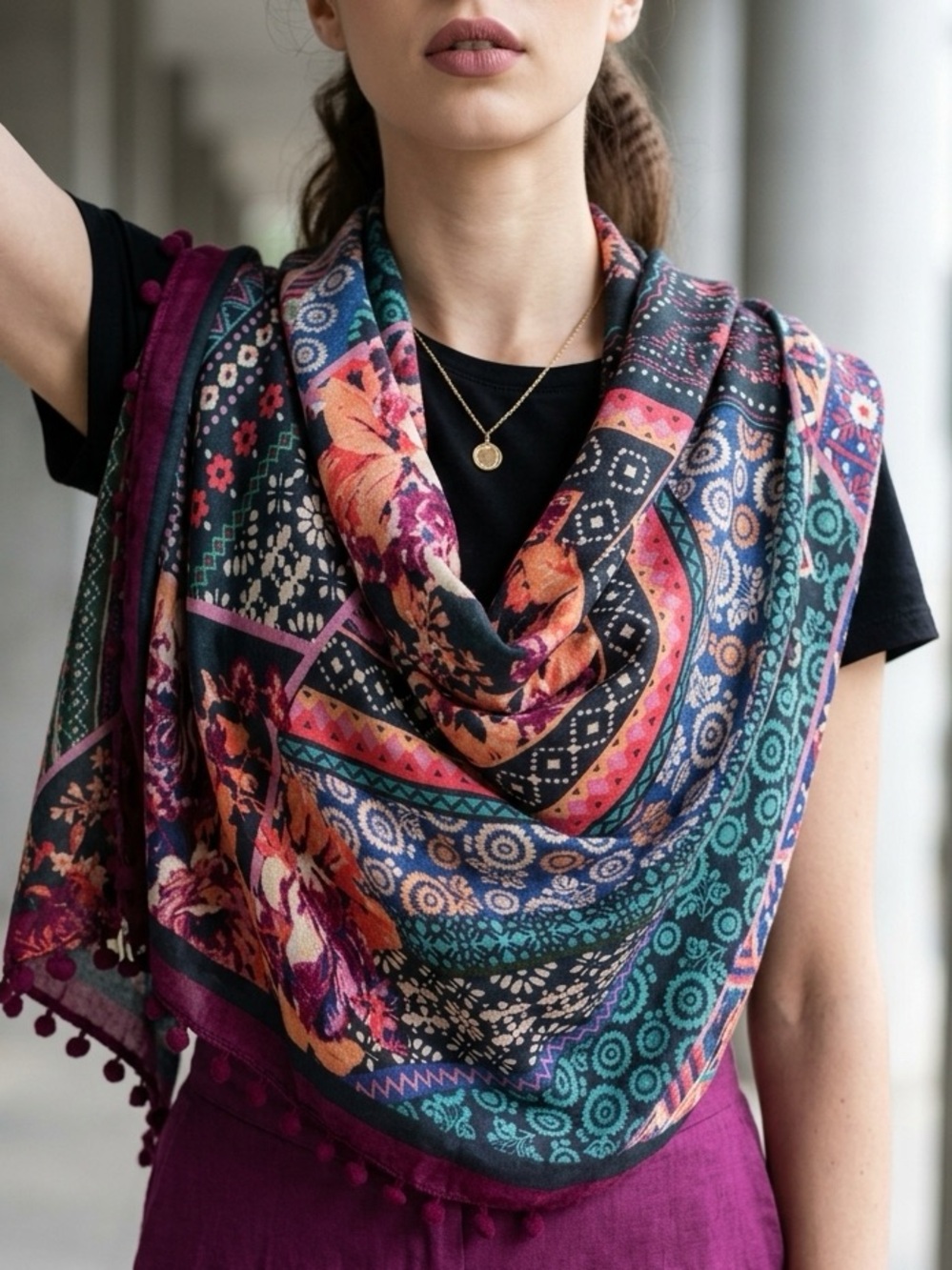 Vibrant Boho Multicolor Purple Turquoise Peach Pom-Pom Scarf - Women Accessories